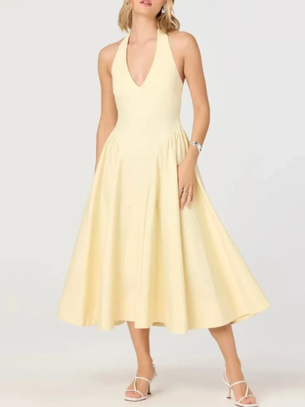 NWT ASTR The Label Meana Midi Dress XS/S/M Lemon Halter Plunge Drop-Waist_2